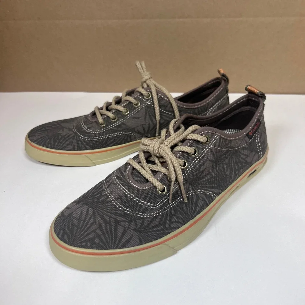 Columbia PFG‎ Mens Boat Shoes Size 8 Gray Palm Print Canvas Sneakers Fish Vented